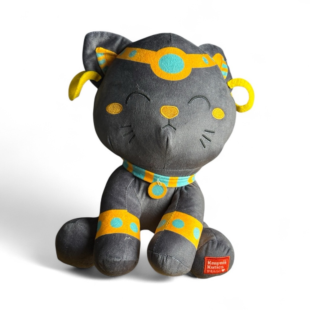 Kawaii Kuties Egyptian Gray and Yellow Sitting Whimsy Cat Plush Toy Soft 3y up
